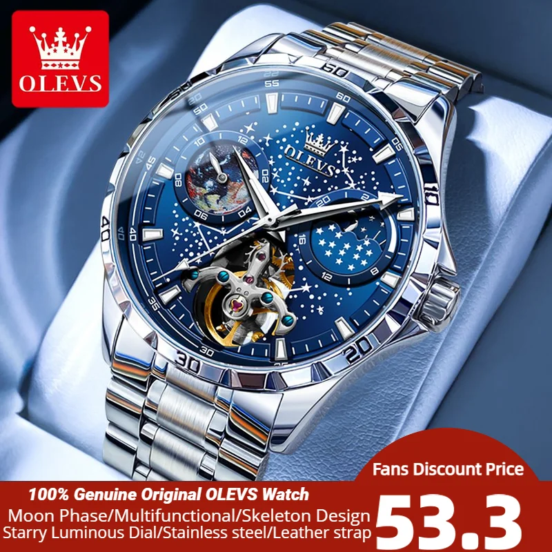 

OLEVS Men's Watches Waterproof Multifunctional Luminous Fully Automatic Mechanical Watch Moon Phase Starry Original TOP Brand