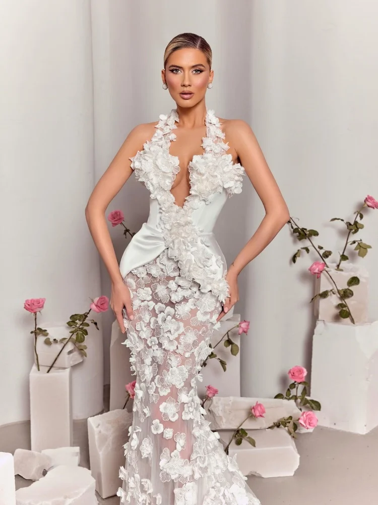 Robe de mariée sirène de luxe en dentelle transparente, avec des Appliques florales blanches, élégante, col licou, robe de soirée transparente, 2025