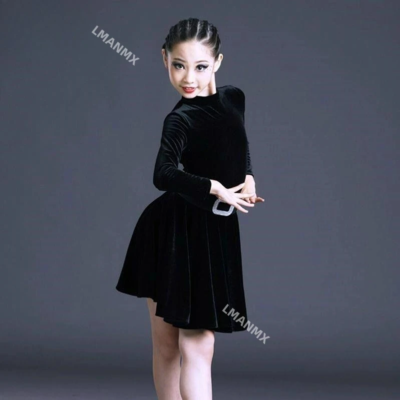 Traje de dança latina infantil, traje de dança para meninas, desempenho de competição de prática infantil, saia de dança latina, top dividido