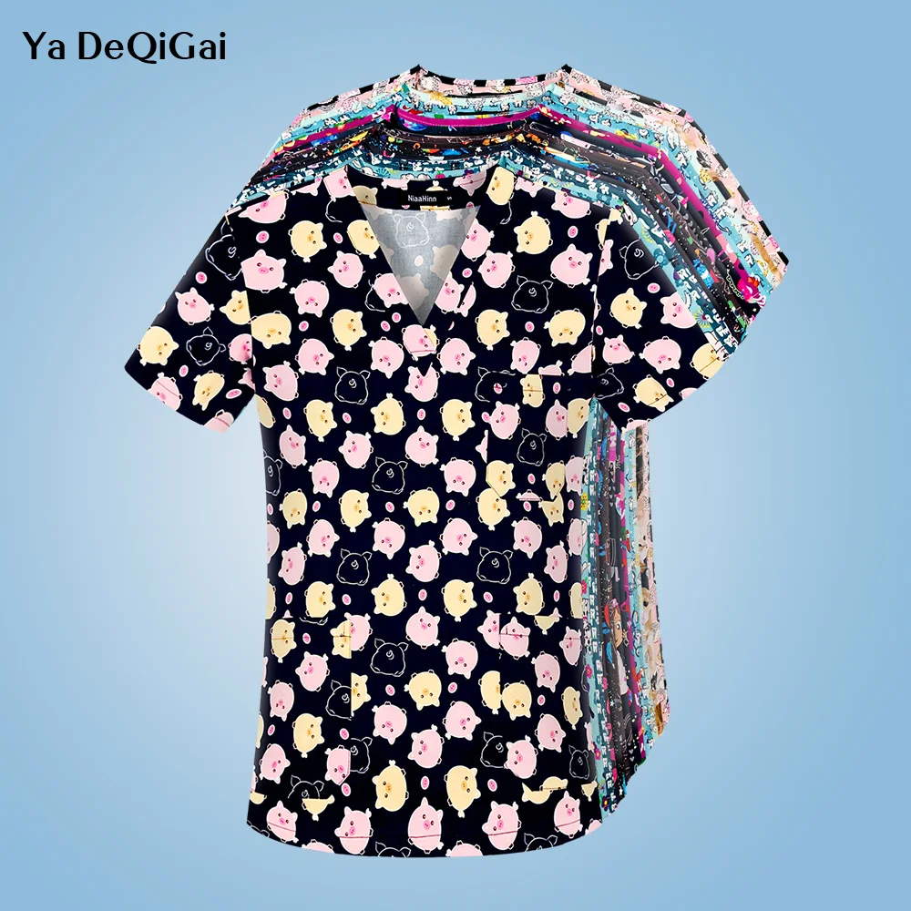 

Nurse Short Sleeve Print Medical V-neck Scrubs Tops Hospital Working Uniform Lab Pocket Blouse Overalls Doctor