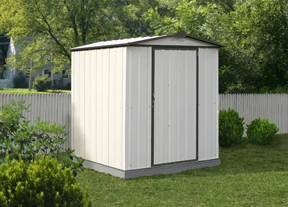 6' x 5' EZEE Galvanized Steel Low Gable Shed Cream with Charcoal, Storage Shed with Peak Style Roof