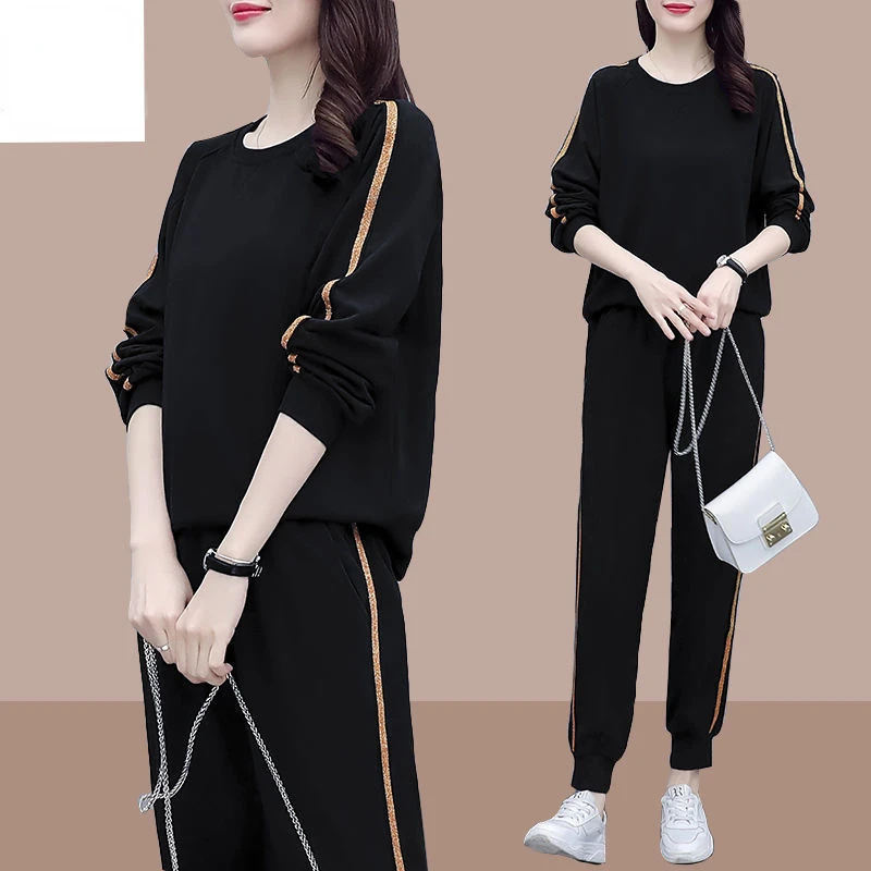 

Women Outfit 2024 New Korean Loose Sweashirt Oversized Fashion Splicing Casual Running Sports Two-Piece Suit Tracksuit 4XL E259