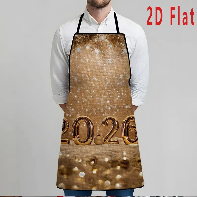 1pc Large Fashionable Heavy-Duty Christmas Apron with 2026 Number Print Golden Snowflake Design - Golden-Toned