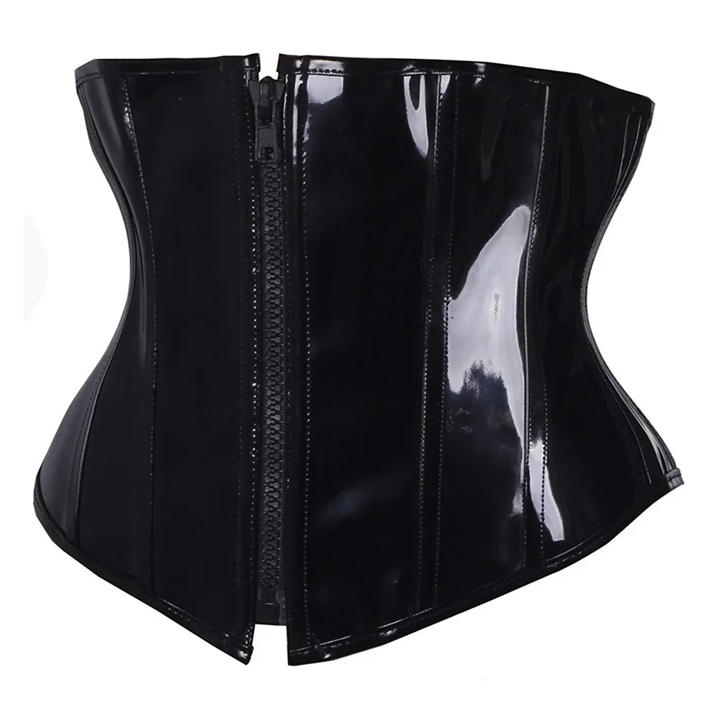 

Black Sexy Short PVC Leather Waist Clip Shapewear Waist Trainer Underbust Corset Front Zipper Lingerie Body Shaper Corselet Top