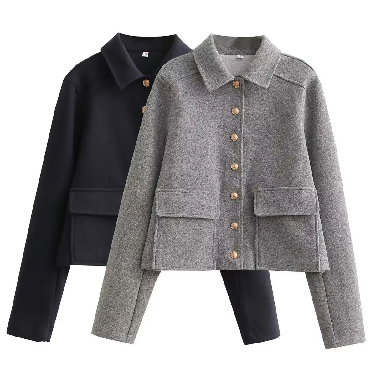 Spring Women Elegant Grey Cropped Coat Metal Button Lapel Jacket Coats with Pockets Women Streetwear Fashion Chic Tops