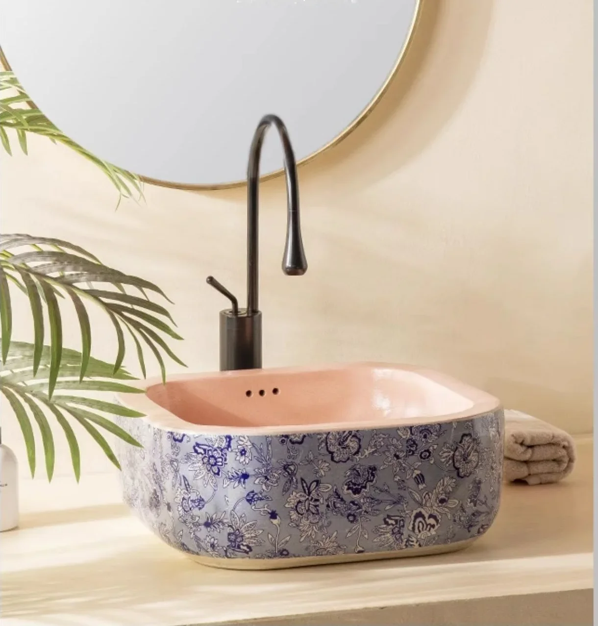 

Modern trendy ceramic countertop basin, luxurious and beautiful blue and white porcelain washbasin,for hotel and balcony YX948GE