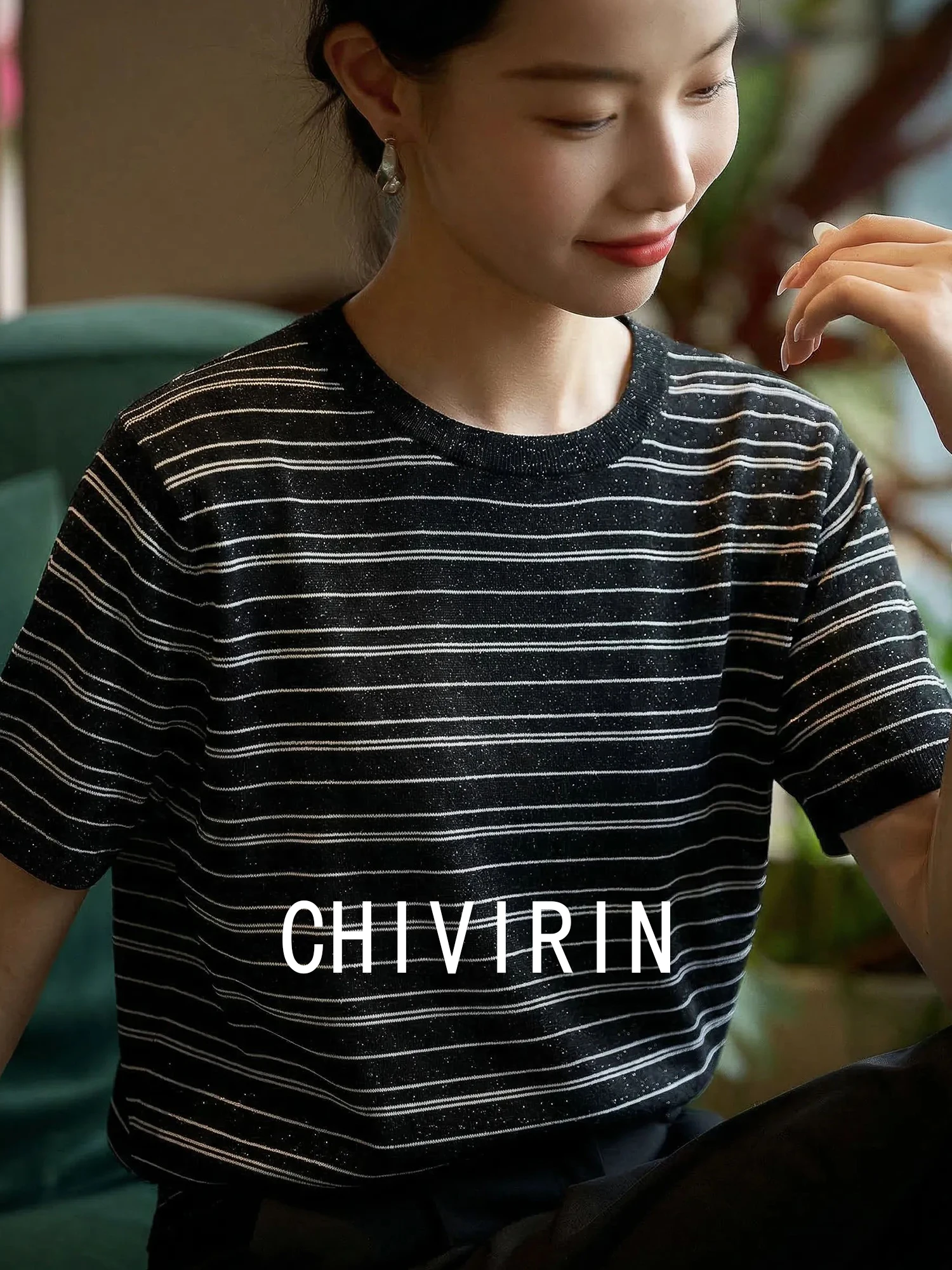 

Женская футболка Chivirin Slim Fit в полоску, летняя, с коротким рукавом, круглым вырезом, свободного кроя, модная, элегантная, в простом стиле, черно-белая