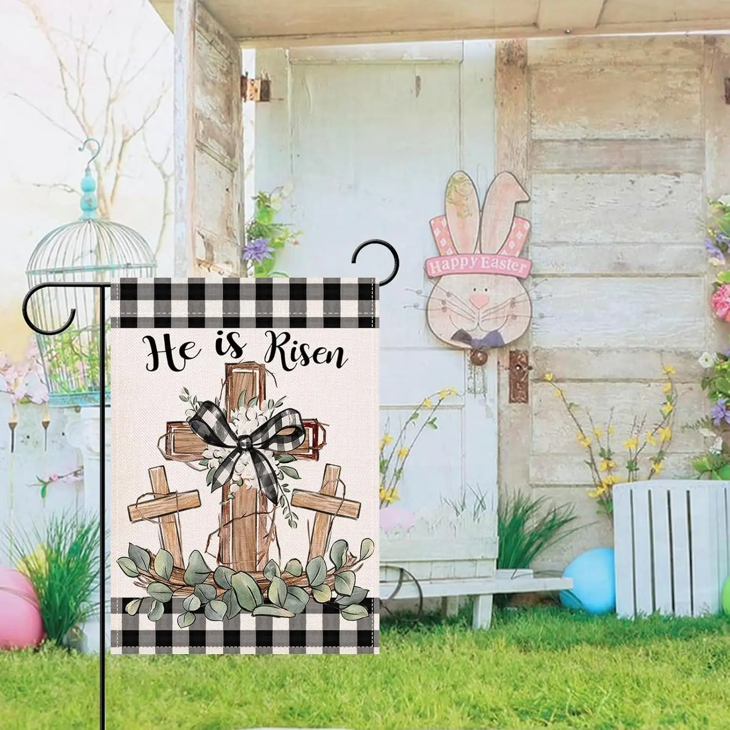 Artofy Christian Easter Cross Small Decorative Garden Flag, Religious He is Risen Buffalo Plaid Check Yard Lawn Outside Deco SSL