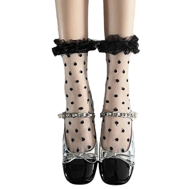 Calcetines de encaje Lolita para mujer, medias finas de lunares de tubo medio, transparentes y transpirables, 1 par