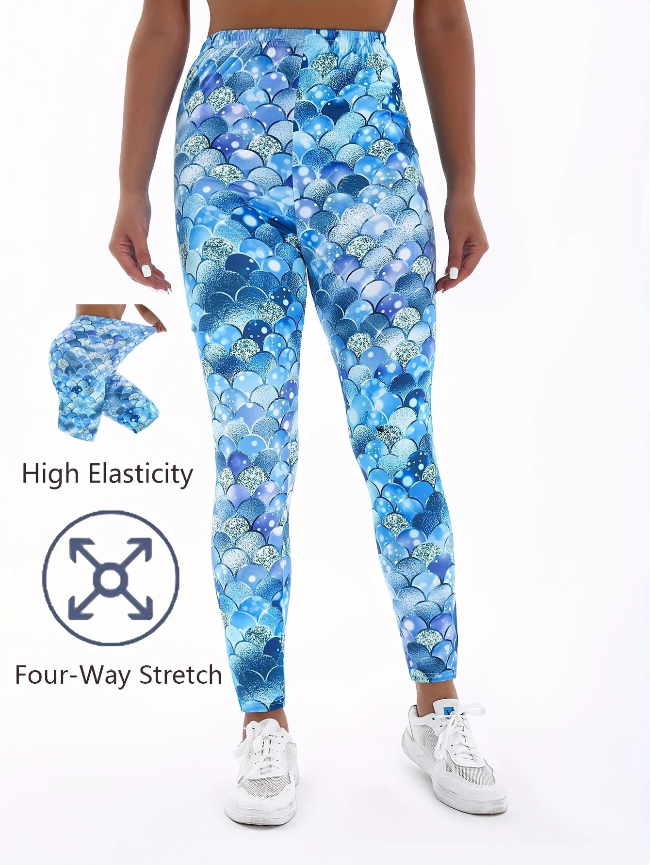 Women Fleece‑Lined Leggings Blue Mermaid Scale Ocean Print Mid‑Waist Winter Warm Bottoms
