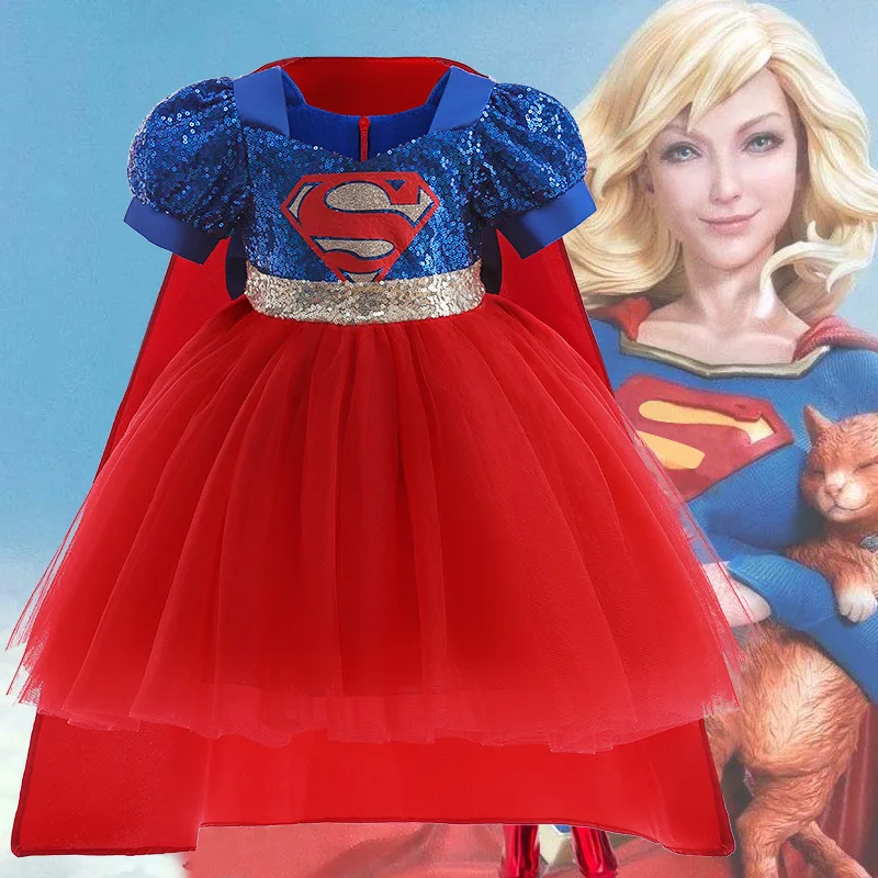 

MINISO Marvel Superman Cosplay Costume Girls Dresses Children's Skirt Spliced Waist Mesh Princess Fluffy Dress 3-8 Years suit