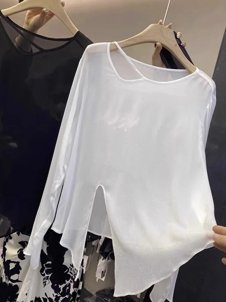 Top di protezione solare in seta di ghiaccio Casual lungo Sve rotondo Ne Design asimmetrico Faionable Anti-Uv irt Maglieria da donna