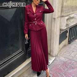 CHICEVER Solid Luxury Outfit for Women Lapel Long Sleeve Patchwork Metal Belt High Waist Pleated Maxi Skirt Office Suit Female