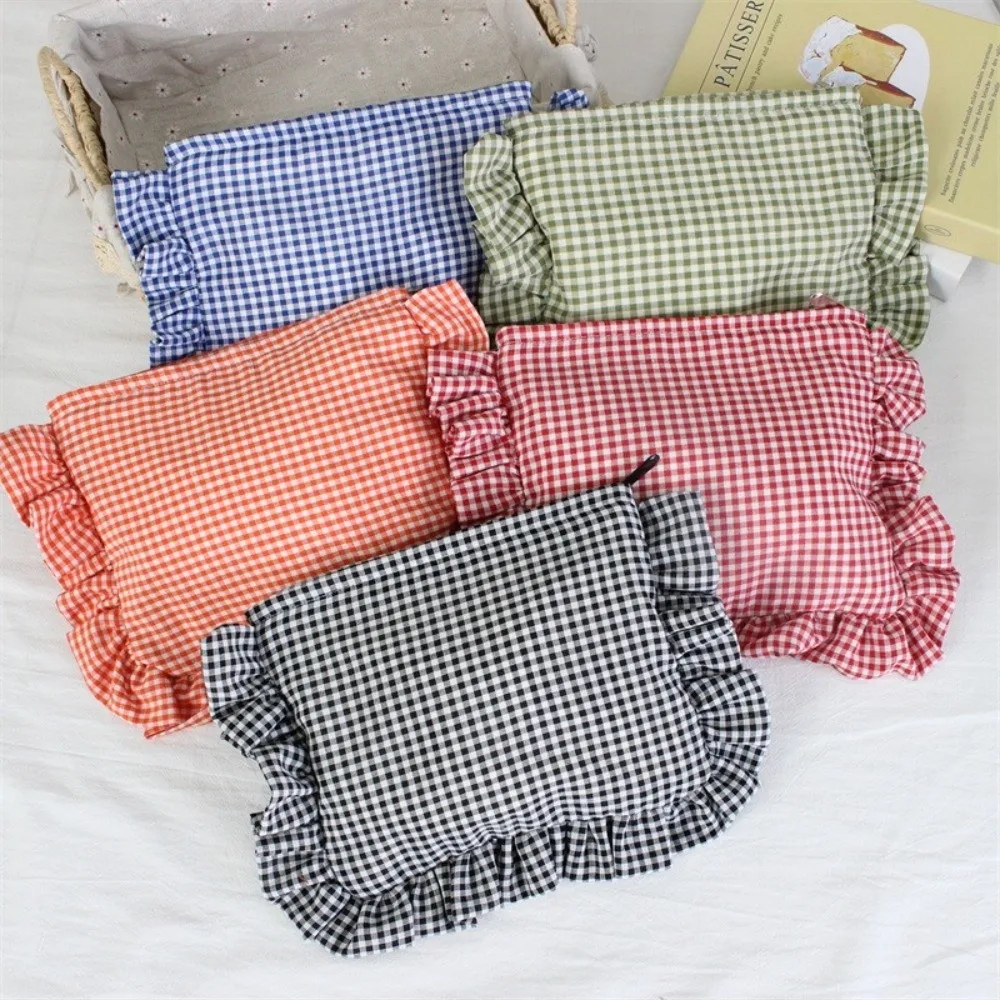 Durable Ruffle Plaid Makeup Bag Large Capacity Portable Cosmetic Pouch Zipper Handbag Home&Travel