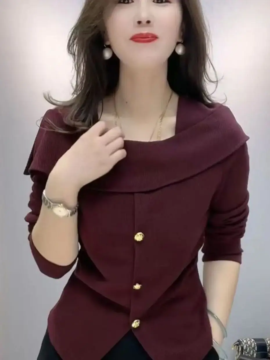

2025 New Women's Long Sve Collar T-irt oulder Bared Irregular Hemline Faionable Base irt Korean Sle Office Wear
