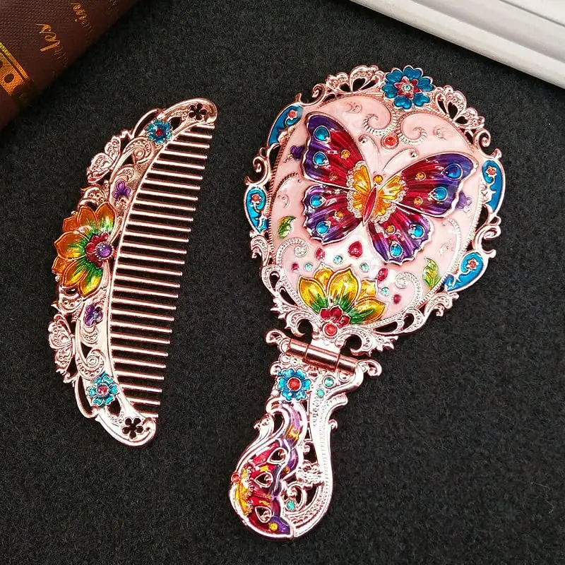 Handheld Mirror Set Vintage Makeup Mirror and Comb Antique Princess Castle Cosmetic Decorative Embossed Hair Brush Gift for Girl