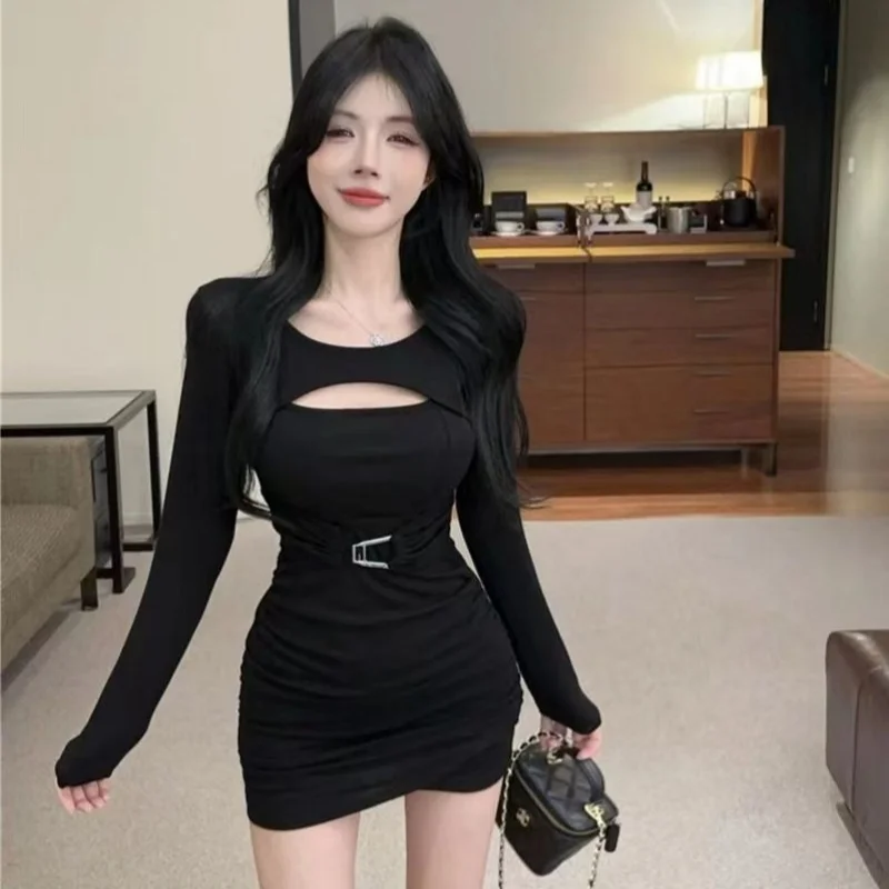 Vestidos de manga larga para mujer vestido de fiesta de noche elegante otoño Modal Beige ahumado fruncido cintura ajustada medio cuello alto minimalista