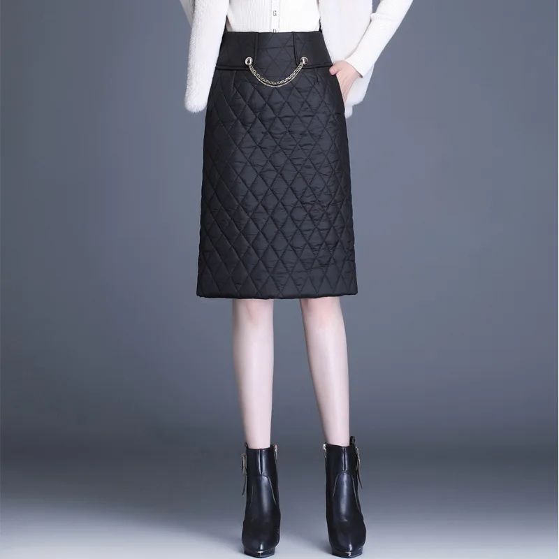 

Winter Thick Warm Black Quilted Skirt Women High Waisted Slim Fit Casual Elegant Chic Chain Bodycon Knee-length Skirts 4XL 6873