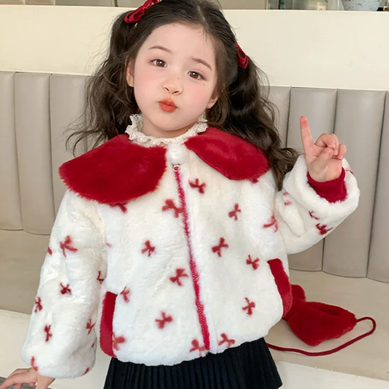 

Hot Girls' Winter Coat Tops Outerwear Autumn New Style Children's Stylish Lapel Bow for Baby Girls Kawaii Casual Overalls Parka