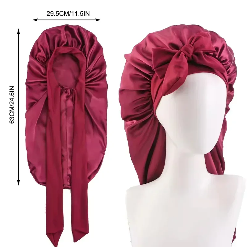 1pc Soft Silky Satin Sleeping Cap Long Tail Natural Bonnet for Long Hair With Tie Makeup Shower Hair Wrap Cover Salon Tool
