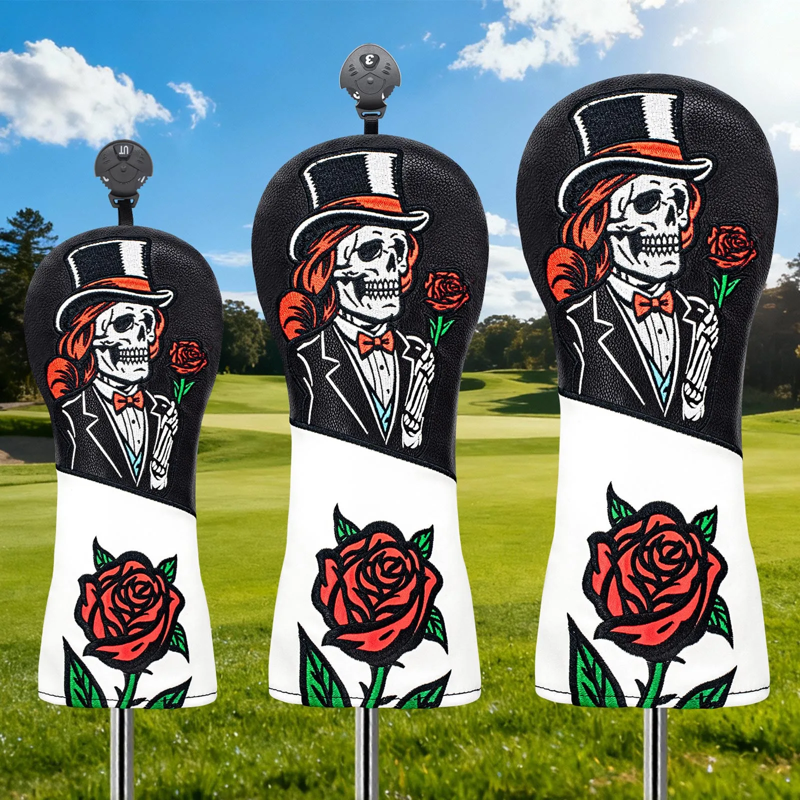 Gentleman Skull Embroidery Golf Headcover Elastic Bands Water Resistant PU Leather Club Head Cover Drivers Fairway UT
