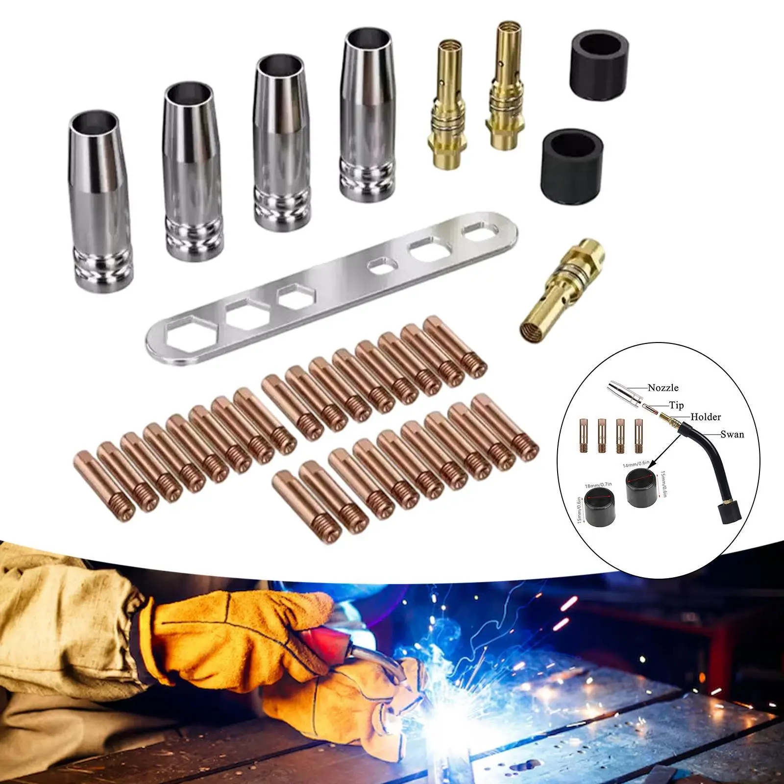 

Welding Accessories Set Mig Tips Holder Gas Nozzle Sturdy for MB15 15AK Welding Torch Easy Installation Professional 35Pcs