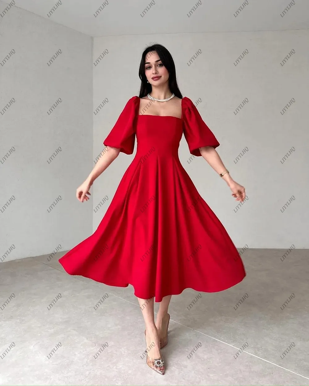 

LIYYLHQ Simple Popular Red Cocktail Gowns Short Sleeves Square Tea Length Brithday Party Prom Dress Elegant Custom Made Women Ro