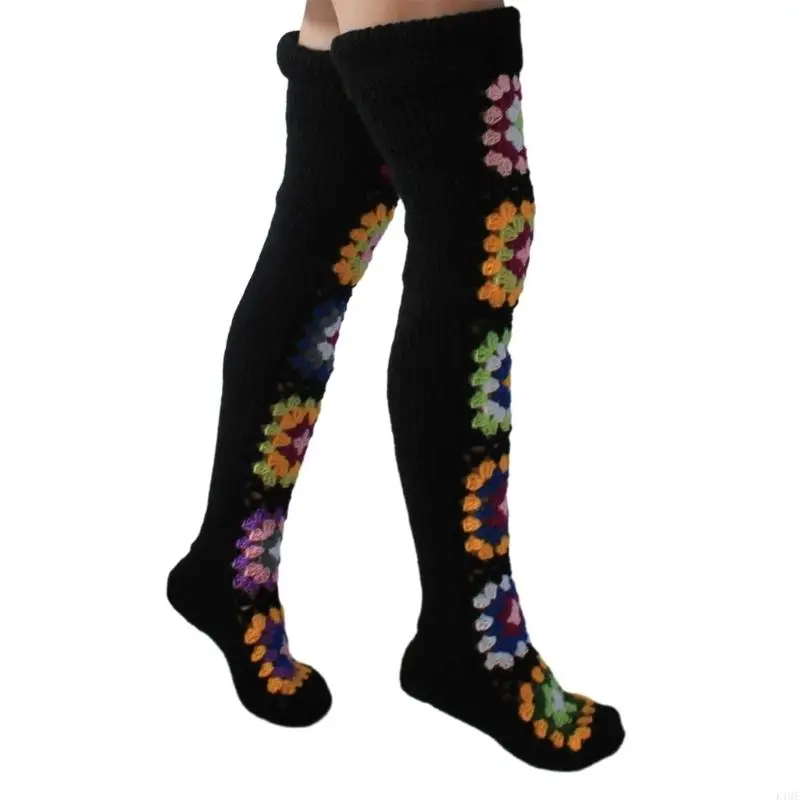 K1ME Women's Crochet Thigh High Boot Socks Vintage Long Leg Warmers Winter Over Knee High Stockings