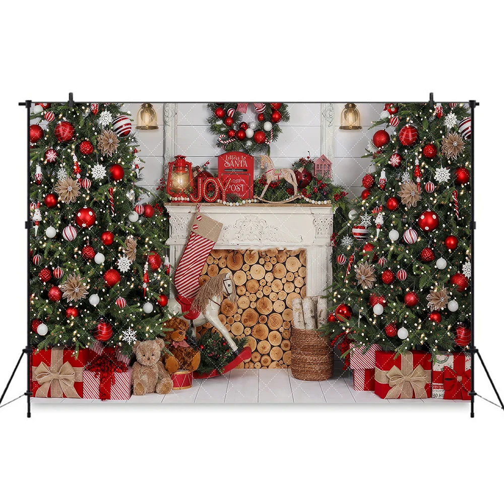 Fond de photo de cheminée de Noël, décor de boule rouge d'arbre de Noël, toile de fond de photographie, enfants, accessoires de studio photo Smash Cake