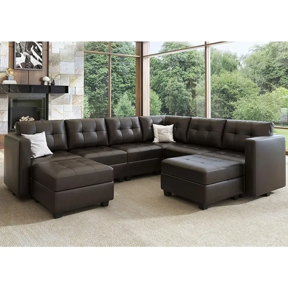 

oversized U-shaped sofa Faux leather 8-seater modular sofa with storage space, with ottoman and chaise longue Living Room Sofas