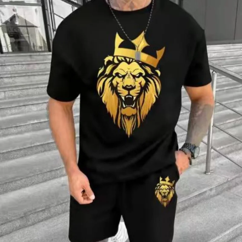 

2024 New Crew Neck Short Sleeve T-shirt Fashion Shorts Set 3D Lion Print Short Sleeve Shorts 2-piece Men's Summer Sports Set