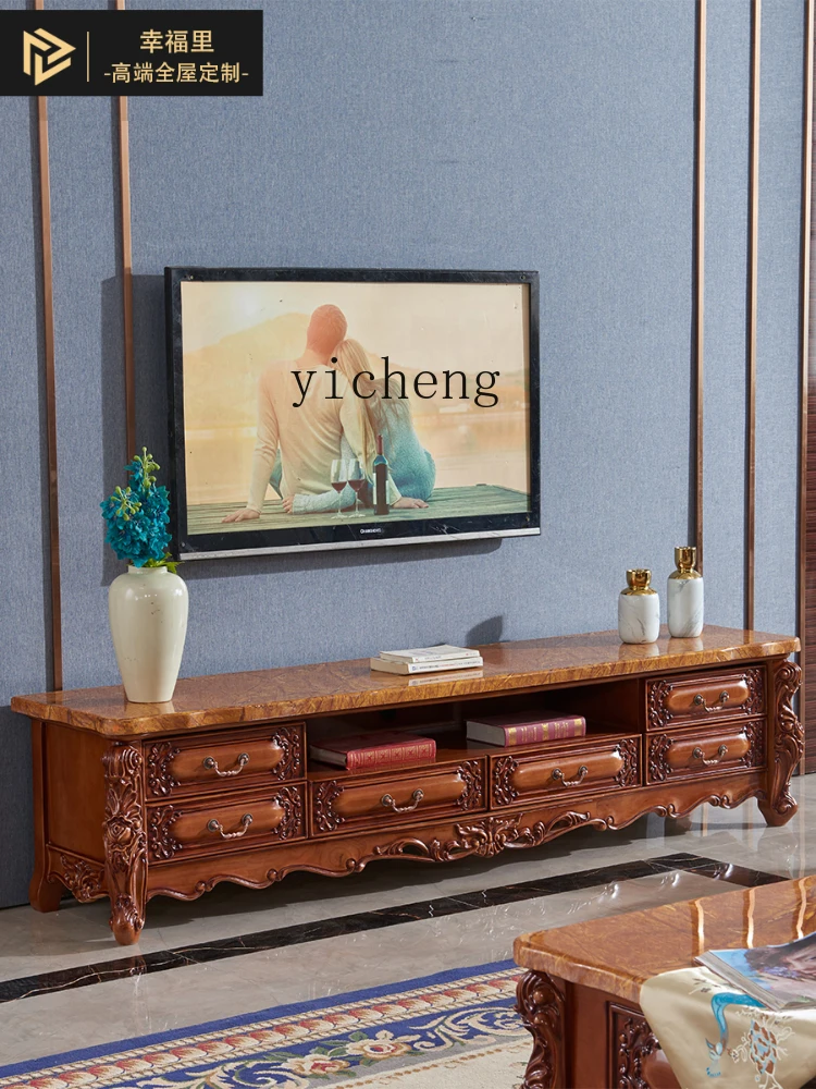 YY American-Style Solid Wood Marble TV Cabinet and Tea Table Combination Furniture Set