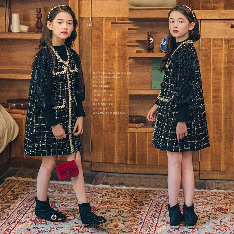 

Autumn Winter Junior Girl Clothing Set School Girl Mesh Patchwork Bubble Lantern Sleeve Top+Sleeveless Tweed Jacket Set For Girl