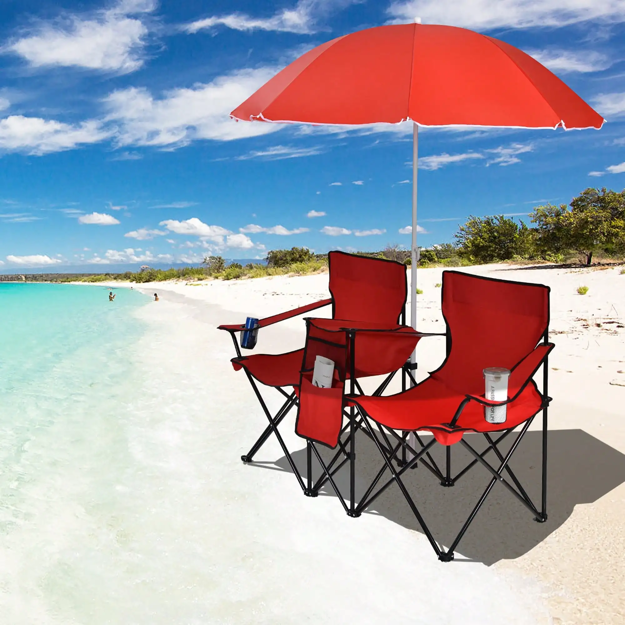 Folding Picnic Double Chair W/Umbrella Table Cooler Beach Camping Turquoise\Black\Red\Gray