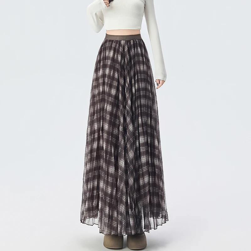 

High Waist Midi A-Line Skirt Women's Plaid Gingham Spring New Sle Retro f-length Skirts Girls' Elastic Waist Skirts