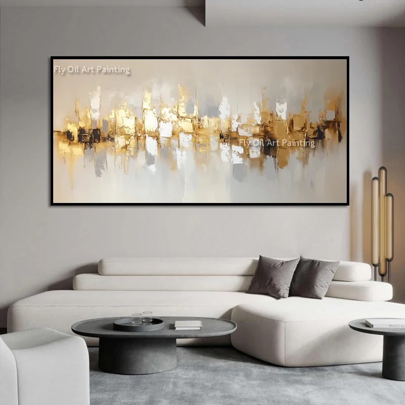 Fashional Design Artwork Abstract Golden Yellow And Beige Blocks Oil Painting For Living Room Decor Handmade Canvas Artwork