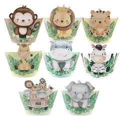 16pcs Carton Animal Cake Wrapper Paper Cupcake Decor for Kids Jungle Safari Wild Animal Birthday Party Decorations DIY Gifts