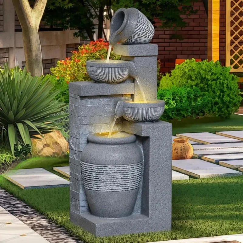 Outdoor Garden Water Fountain with Lights 4 Tiers Cascading Large Waterfall Floor Standing Fountain for Patio=