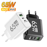 65W GaN PD USB C Wall Charger 3 Port for iPhone 15 16 14 Pro Samsung S23 Xiaomi QC3.0 EU/US/KR Plug Fast Charging Phone Adapter