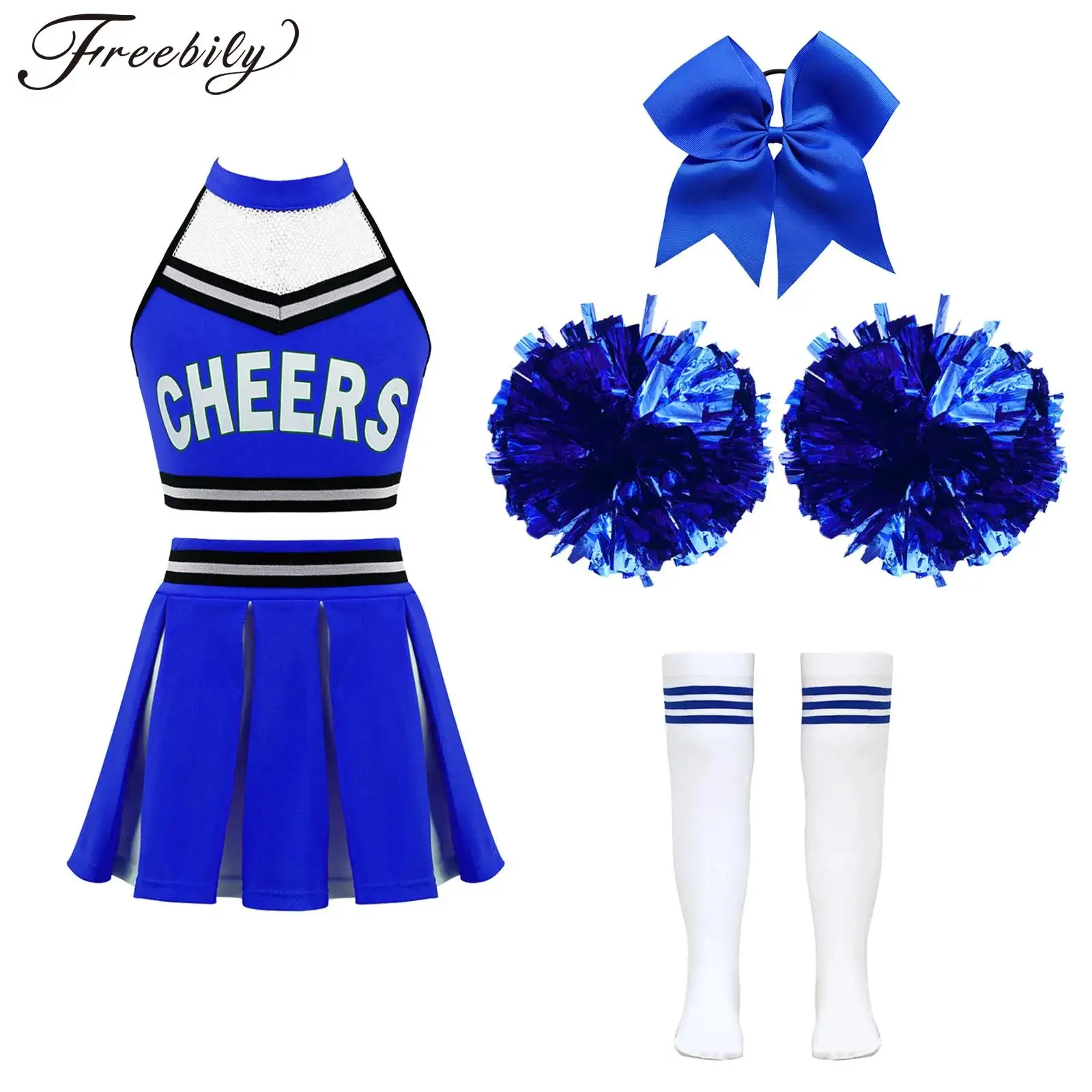 Kids Girls Cheerleading Uniforms Cheer Leader Costume with Pom Poms Crop Tops and Pleated Mini Skirt Halloween Cosplay Costume