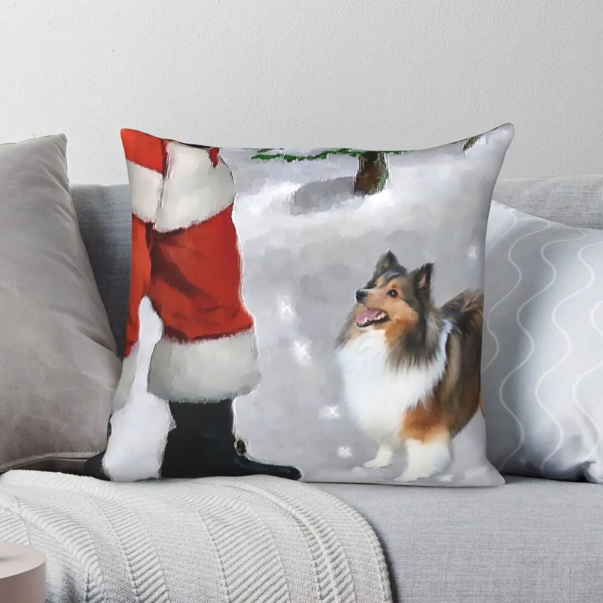Shetland Sheepdog Sheltie Meets Santa Square Pillowcase Polyester Linen Velvet Printed Zip Decorative Car Cushion Cover