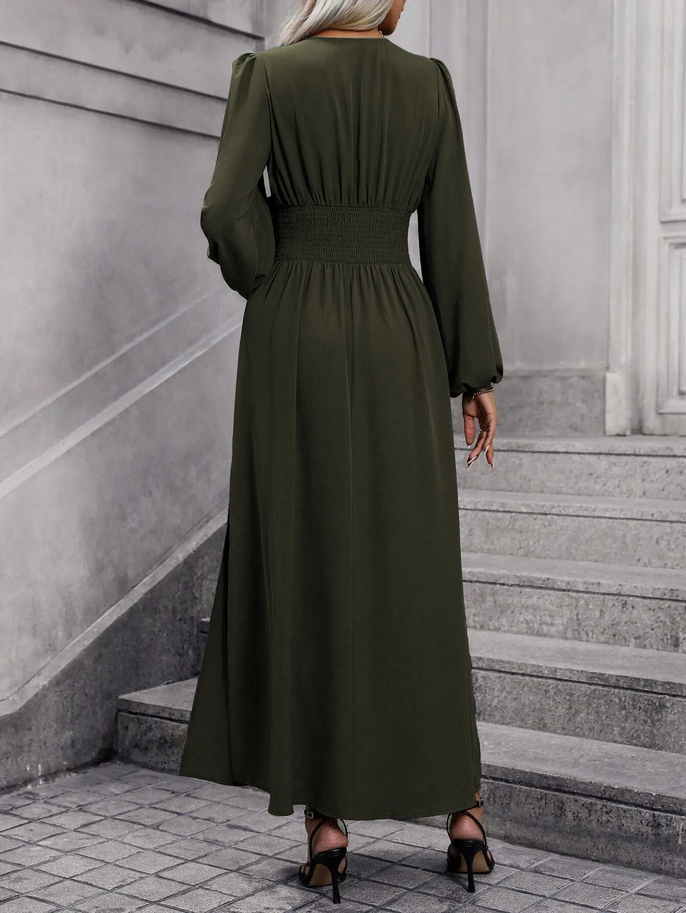 Französisches Retro-Kleid mit Laternenärmeln und Schlitz für Damen, Winter 2025, Strick-Bodycon-Maxikleid – Detail 11