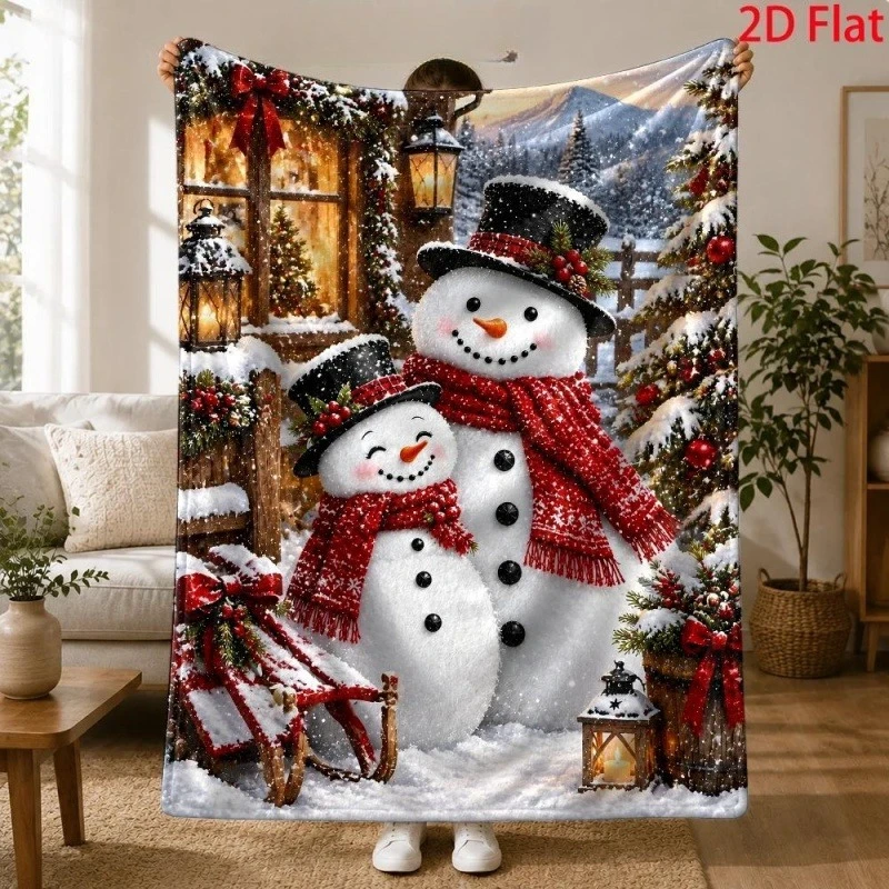 Double Snowman Cabin Lantern Sleigh Print Flannel Throw Blanket,Rustic Winter Mountain Snow Scene Pattern Soft Cozy Blanket
