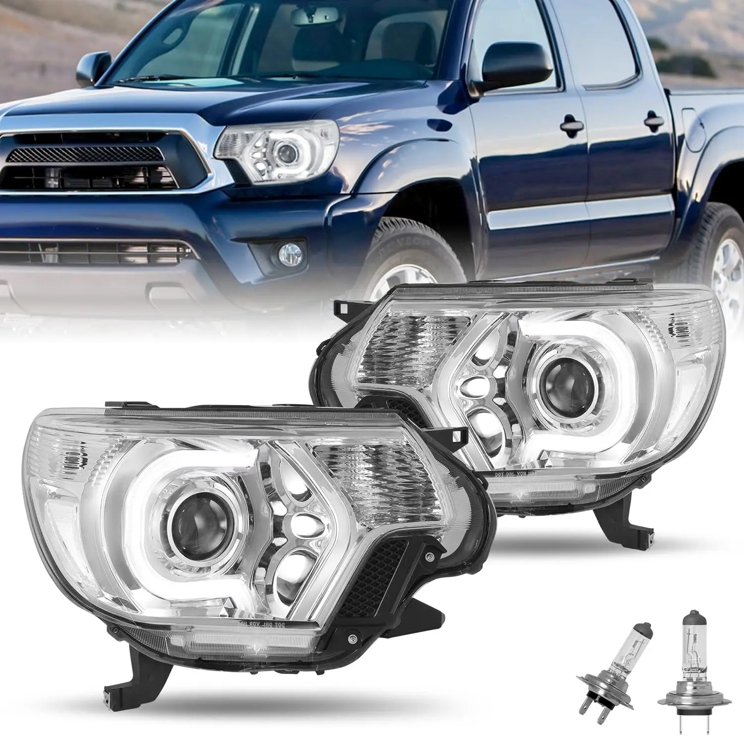 

Headlight Assembly Compatible with 2012-2015 Toyota Tacoma with LED DRL Light Bar Upgrade Projector Headlights with Bulbs Chrome