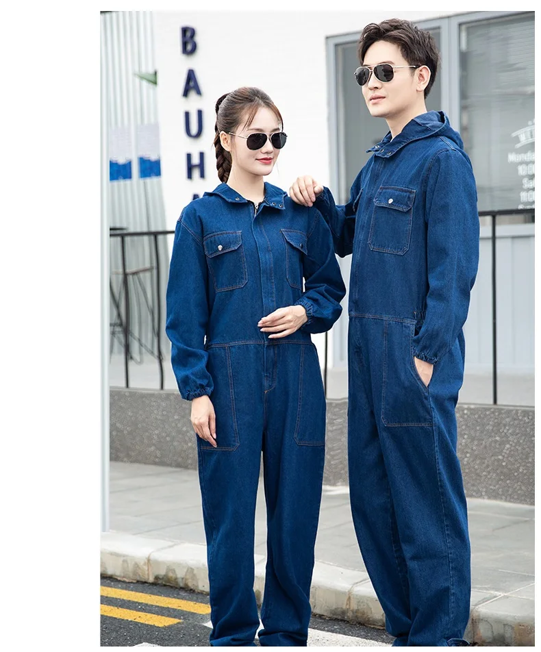 Công nhân Quần áo bảo hộ lao động áo liền quần denim áo liền quần đùi Nam/Nữ Nhà Máy đồng phục Công Việc quần áo Dài tay Dày hoodie hàn phù hợp với