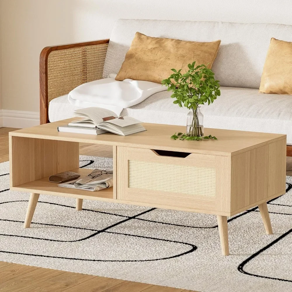 

Oak Rattan Coffee Table, Mid Century Modern with Drawer & Shelf, 39'' Wooden Boho Coffee Table for Living Room