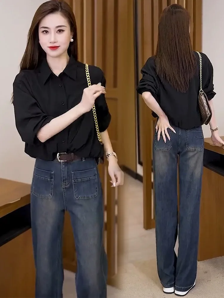 Fashionable Long Sleeve Denim Set for Women Spring Straight Leg Wide Leg Jeans Shirt Two Piece Suit Commute Style Autumn Wear