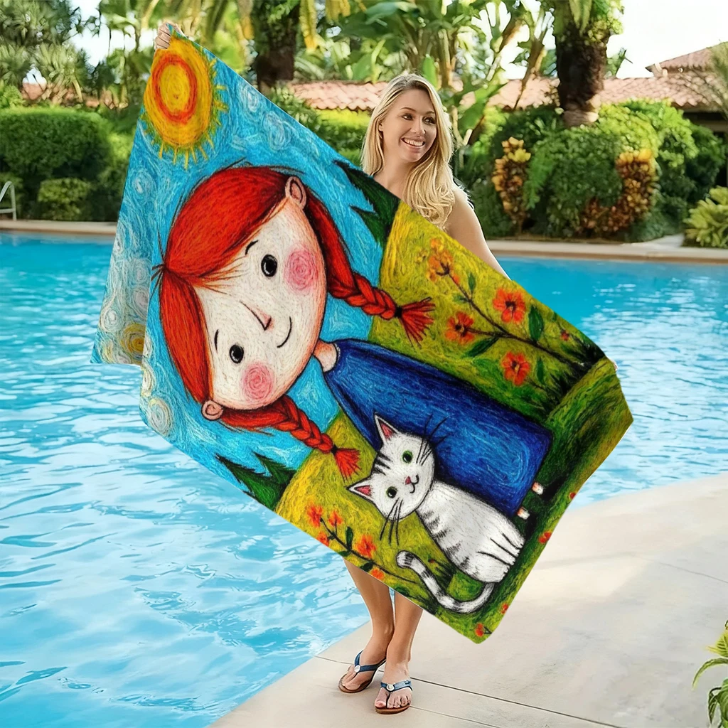 Fresh Girl And Cat Beach Towel Oil Painting Towel Large Quick-drying Towel Suitable for Beach Yoga Pool Gym Sport Towel