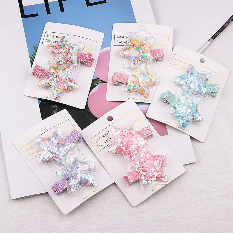 2pcs/lot Shining Star Hair Clip Quicksand Infant Hairpins Girl Star Clip Children Girls Sequins Hairpin Hair Accessories