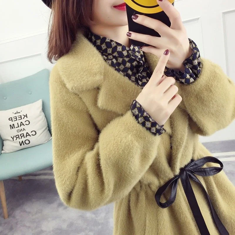 2023 Celebrity Female Autumn New Belt Imitation Mink Fur Coat Women Temperament Long Knitted Cardigan Winter Mink Fur Jacket WCH